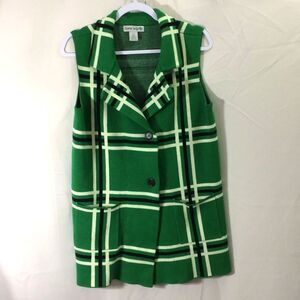 Vintage Cherie Collette Green Plaid Vest Button Front Pockets Longline Y2K Med